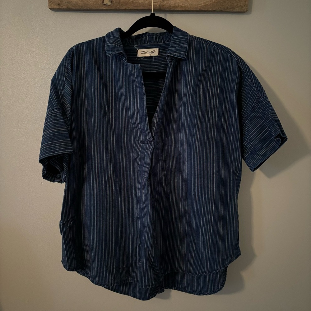 Madewell Women's Blue Striped Short Sleeve Blouse Top Medium